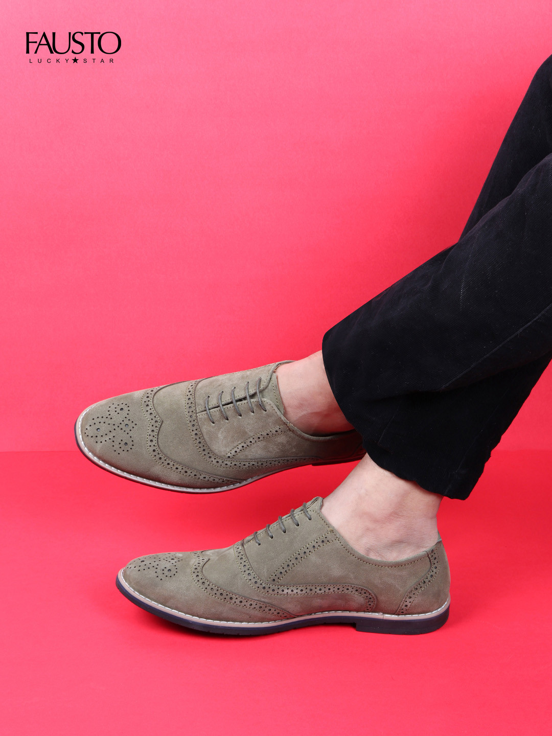 FAUSTO Men Olive Green Lightweight Suede Brogues