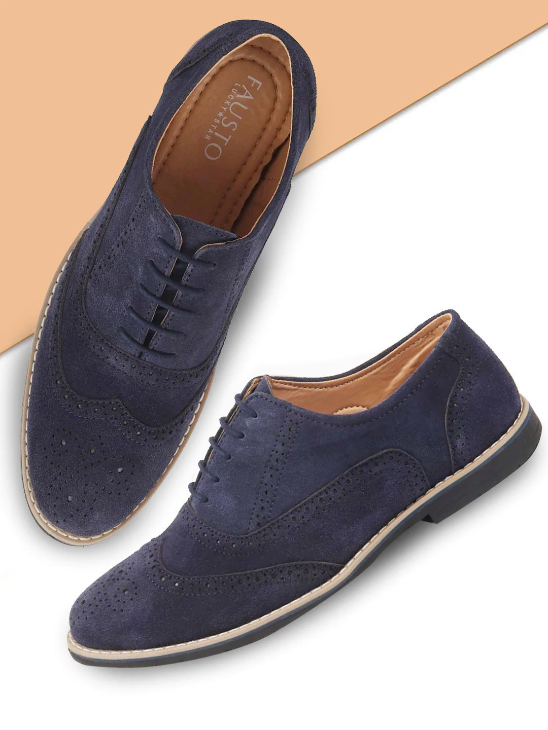 FAUSTO Men Navy Blue Textured Lightweight Suede Brogues