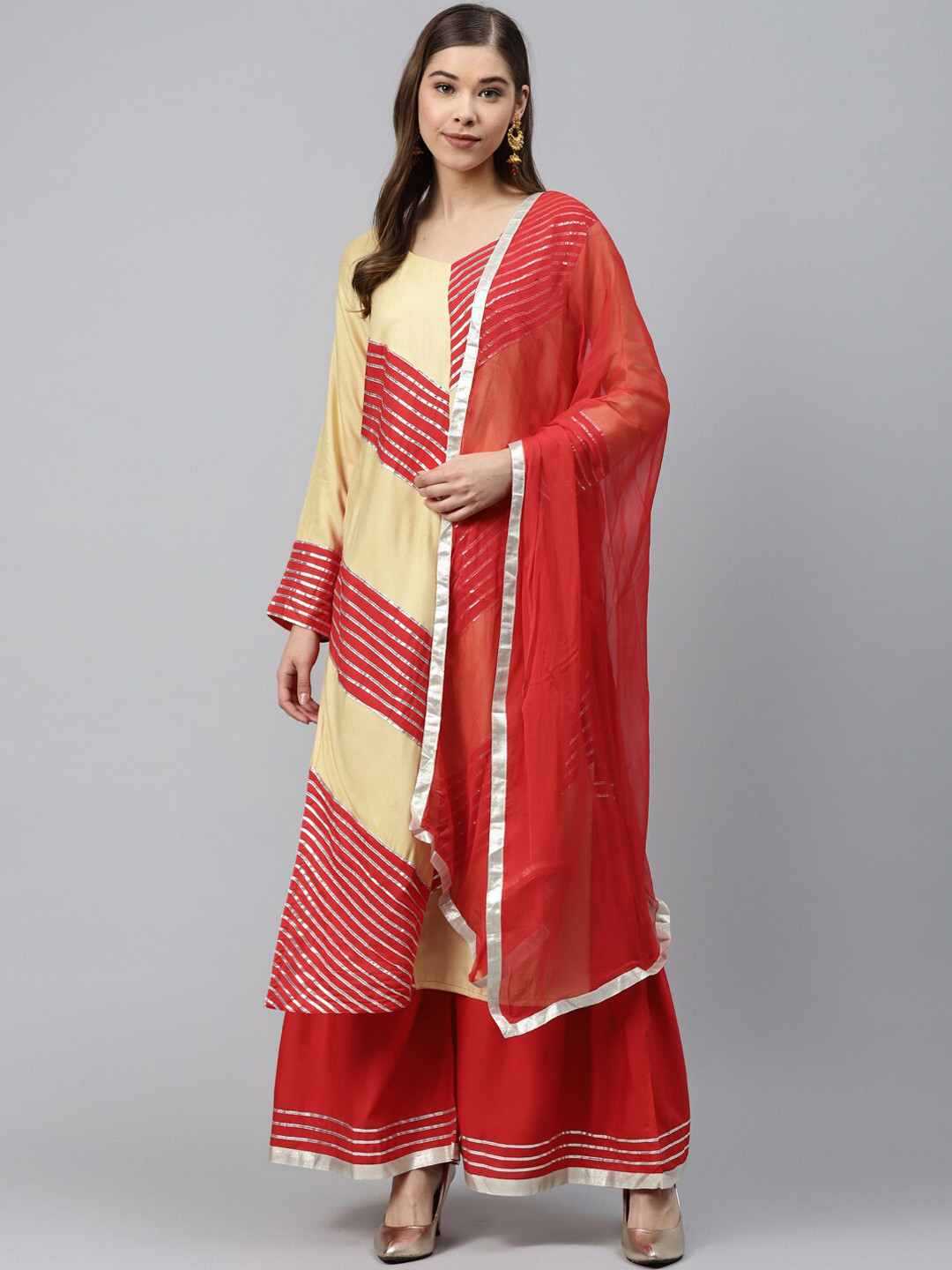 Chhabra 555 Women Beige & Red Striped Gotta Patti Kurta with Sharara & Dupatta