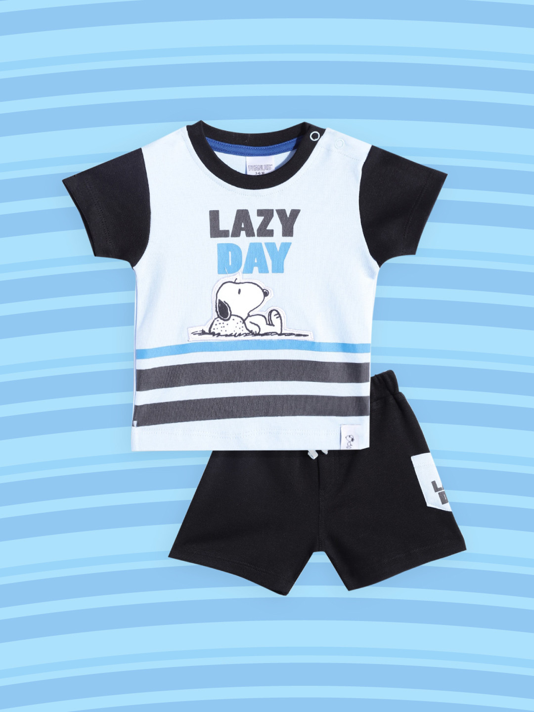 Moms Love Infant Boys Blue & Black Snoopy Applique Pure Cotton T-shirt with Shorts