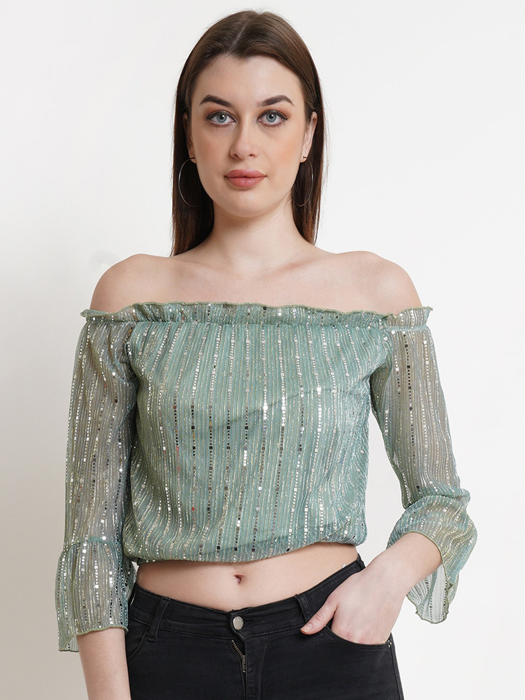 DODO & MOA Green & Silver-Toned Embellished Off-Shoulder Bardot Crop Top