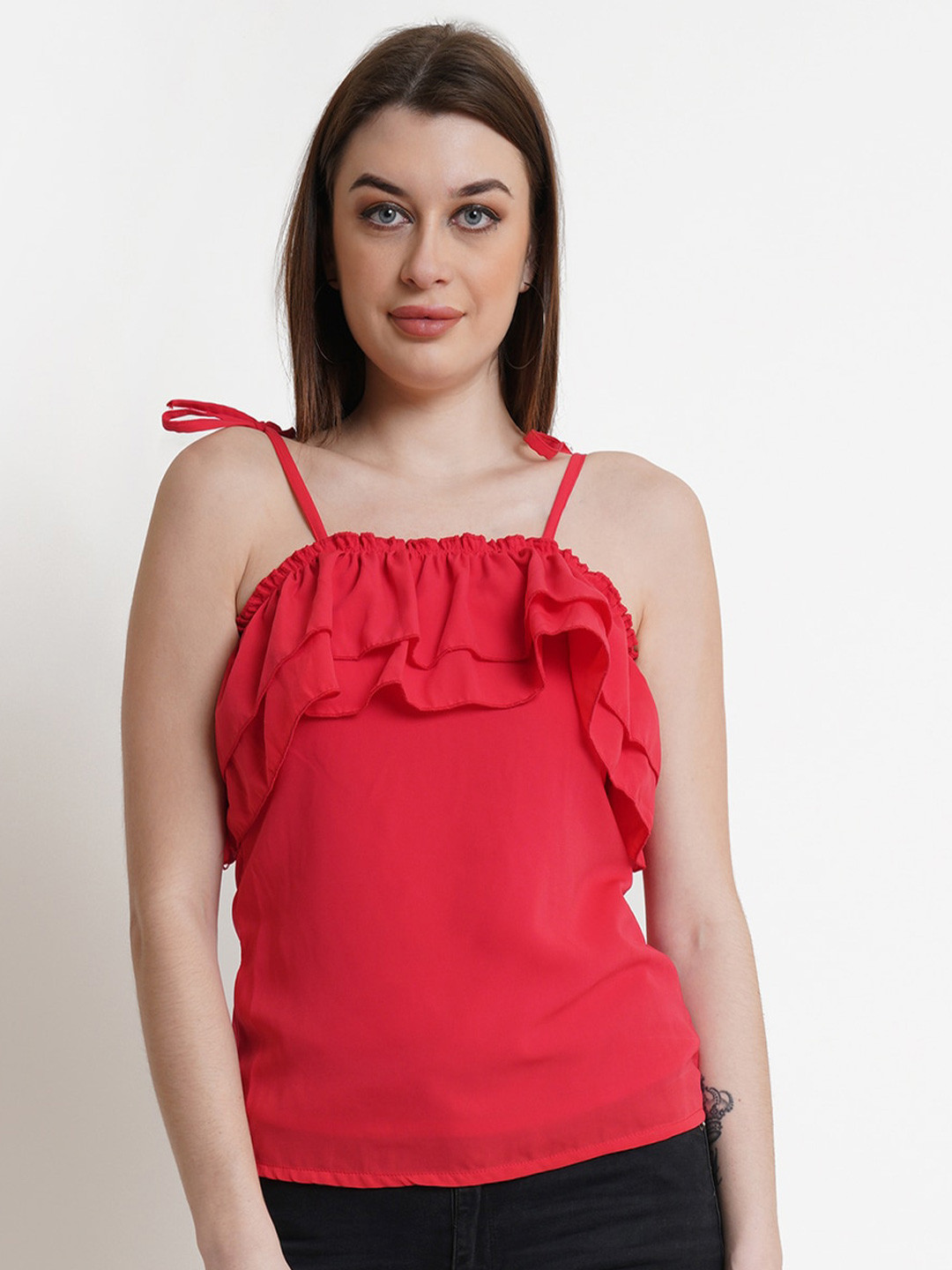 DODO & MOA Women Red Solid Top with Frills