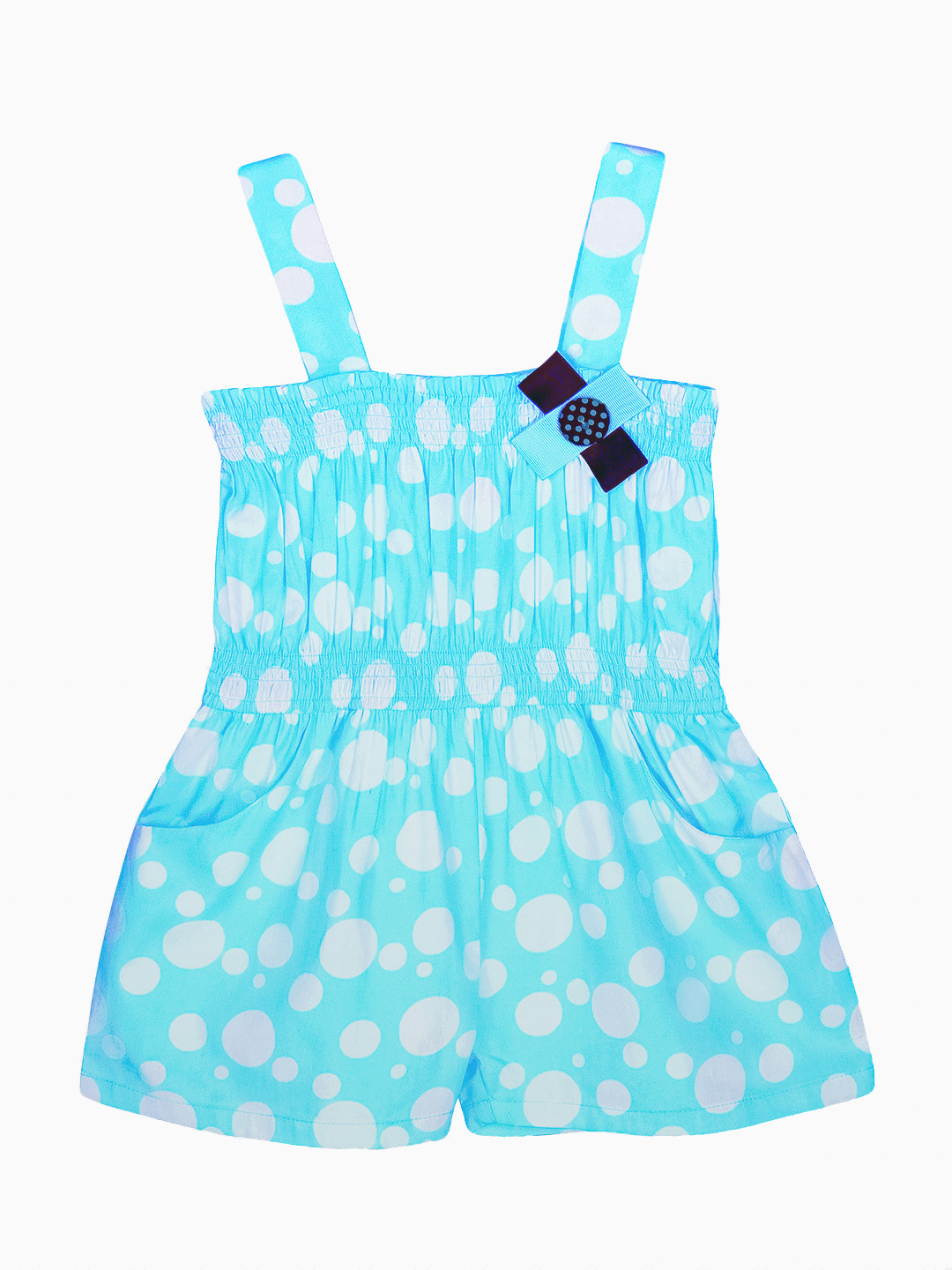 Merrigo Kidz Infant Girls Turquoise Blue & White Polka Dot Printed Cotton Smocked Romper