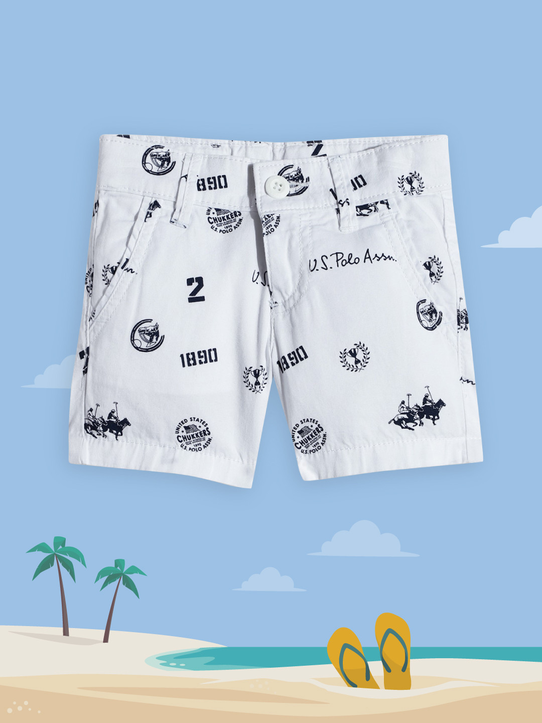 U.S. Polo Assn. Kids Boys White & Navy Blue Brand Logo Printed Pure Cotton Twill Shorts