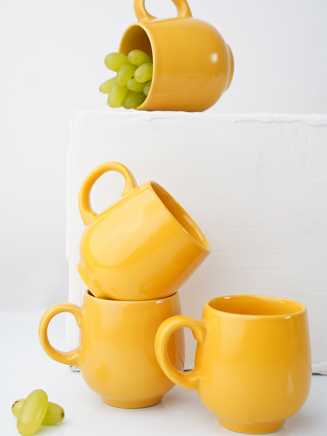 Folkstorys Yellow Set of 4 Solid Ceramic Glossy 200 ml Cups and Mugs