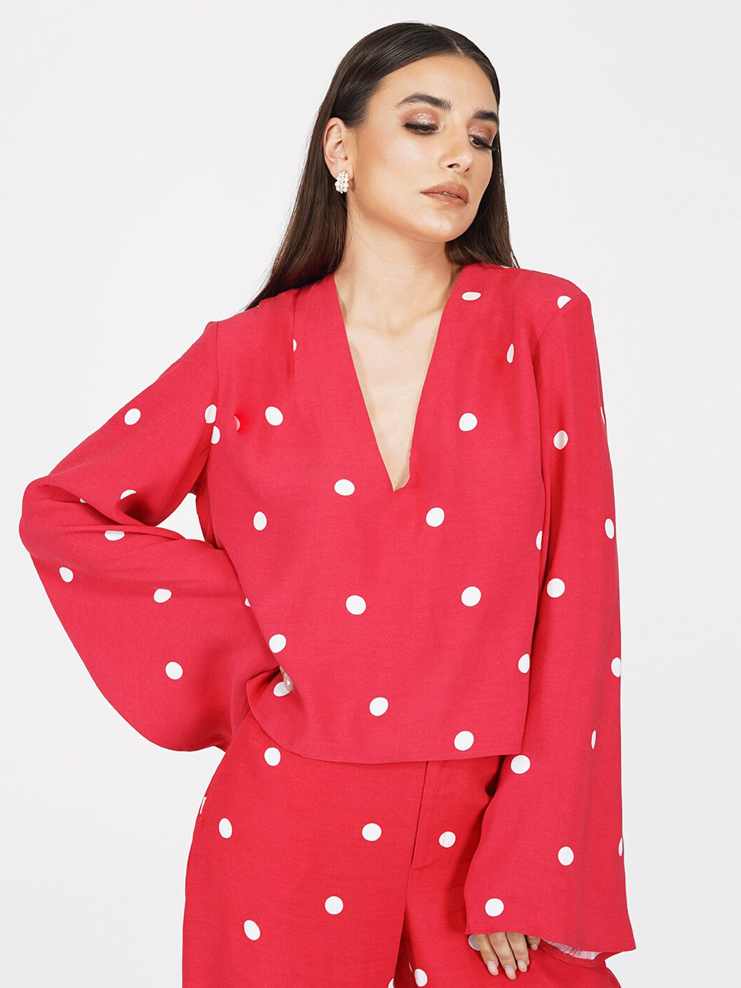 KLAS NOBL Pink & White Polka Dots Printed Bell Sleeves Crop Top