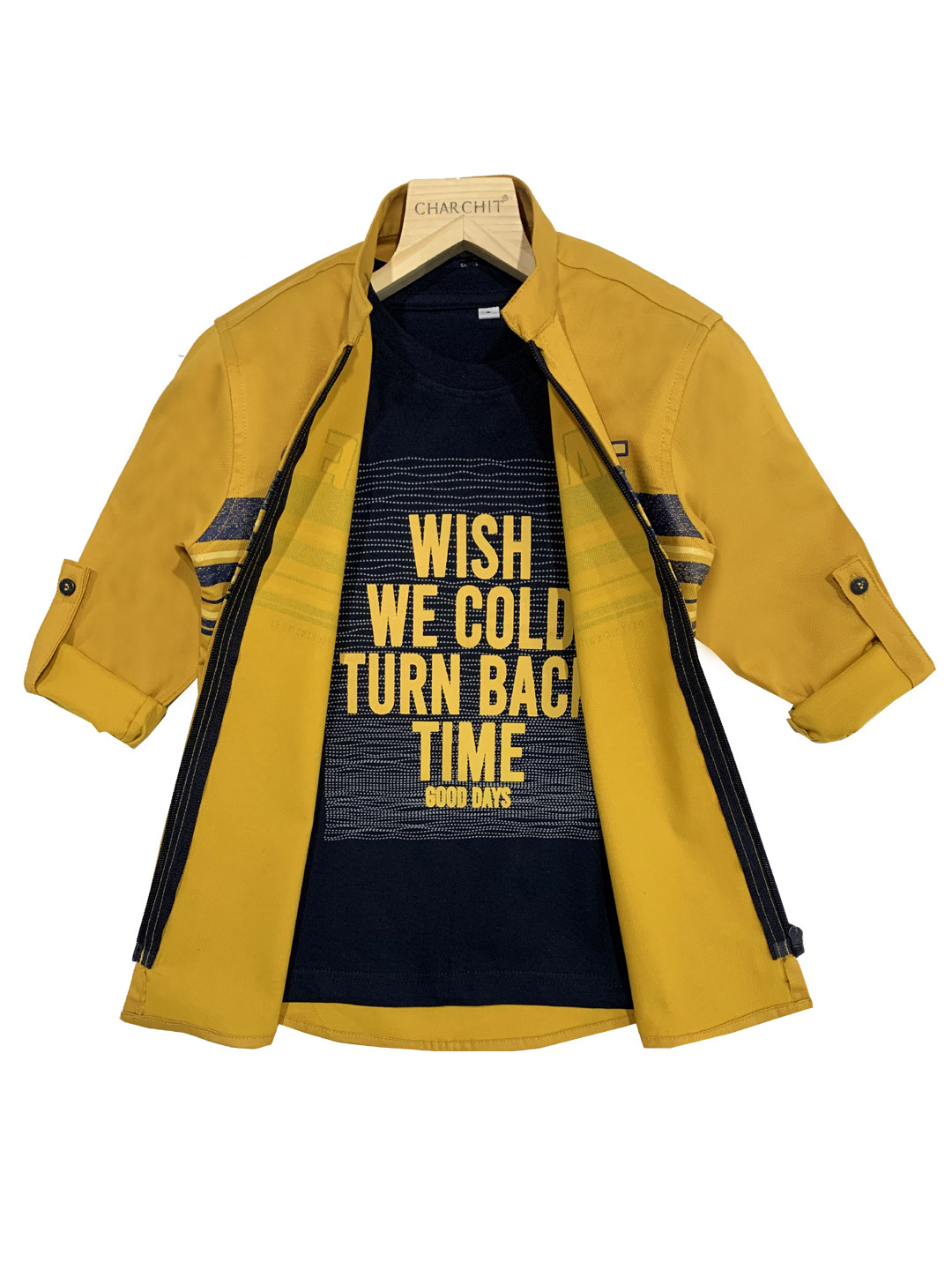 CHARCHIT Boys Gold-Coloured Regular Fit Printed Cotton Blend Shirt with T-Shirt