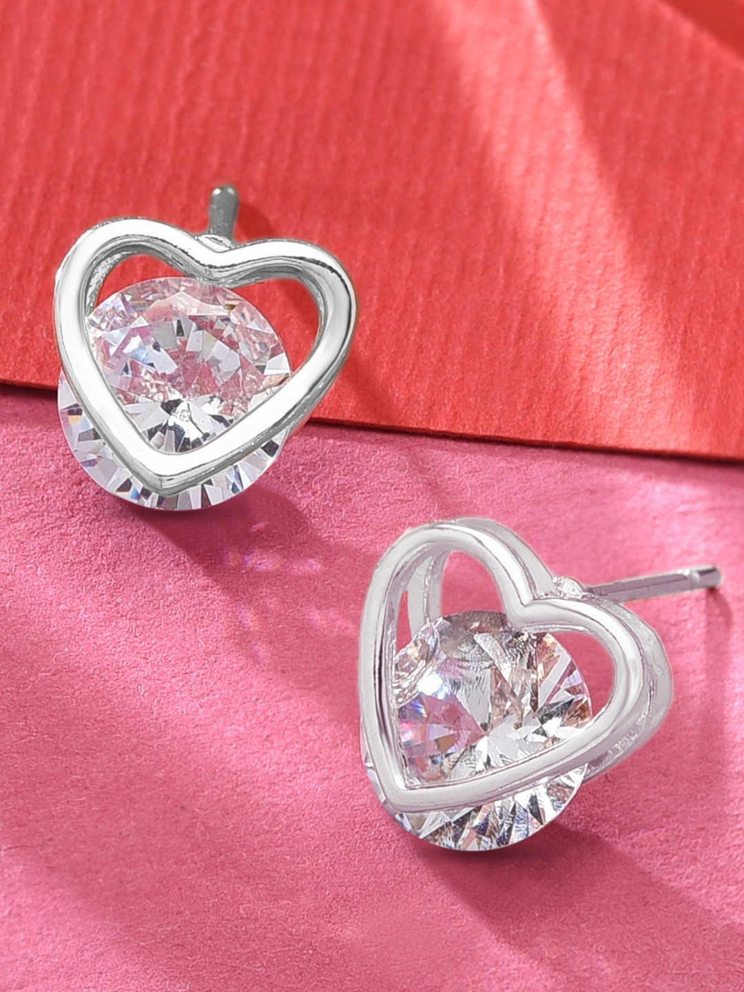 AMI Silver-Toned Heart Shaped Silver-Plated Studs Earrings