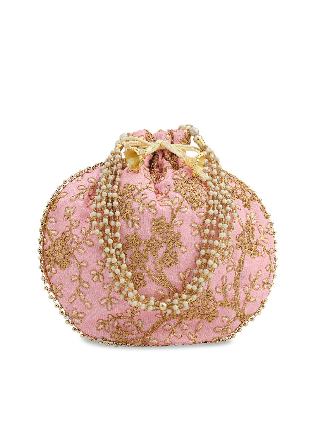 gaura pakhi Pink & Gold-Toned Embellished Embroidered Potli Clutch