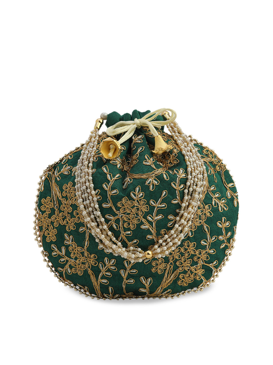 gaura pakhi Green & Gold-Toned Embellished Embroidered Potli Clutch