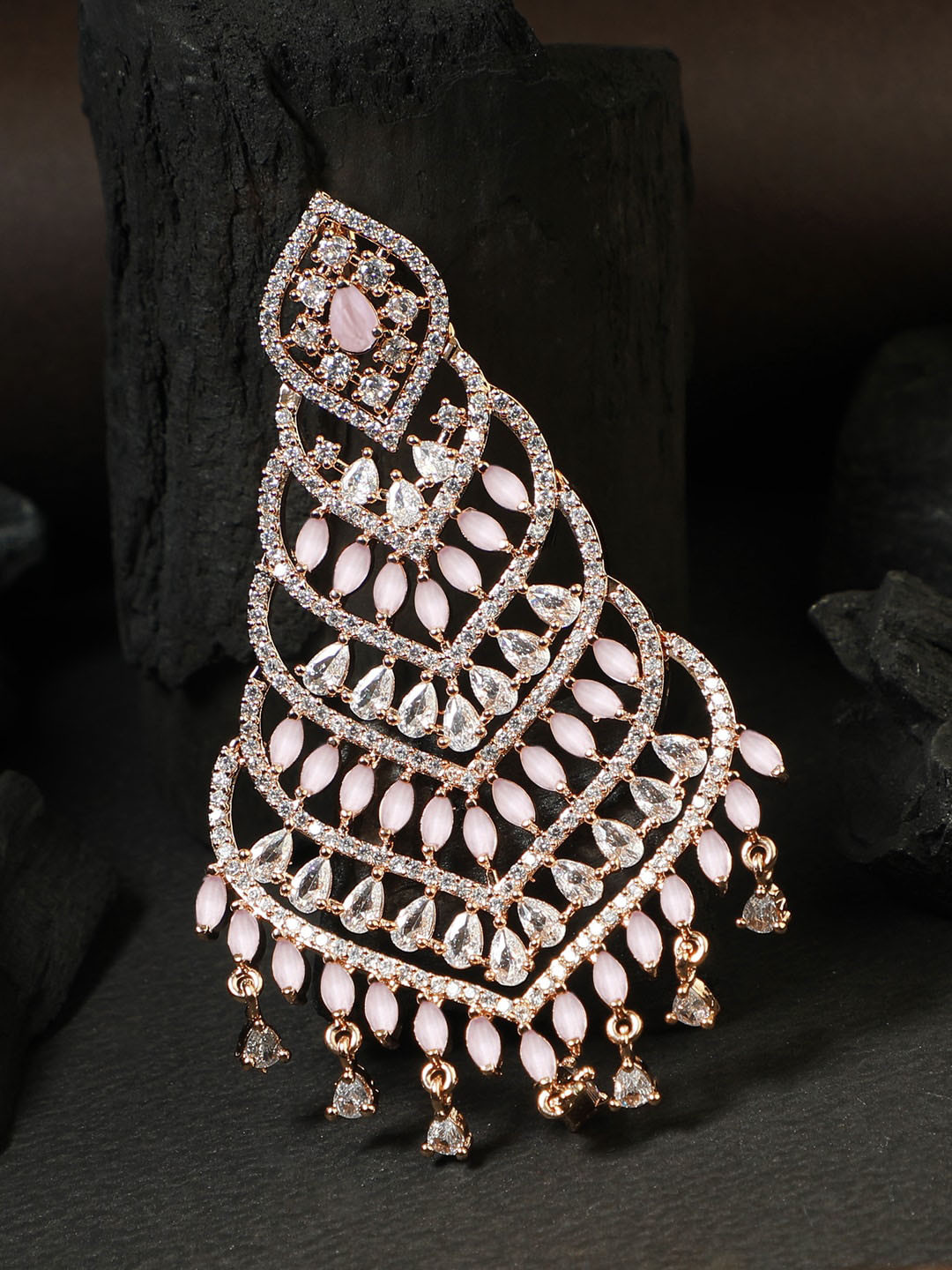 Adwitiya Collection Rose Gold-Plated White CZ-Studded Jhumar Passa