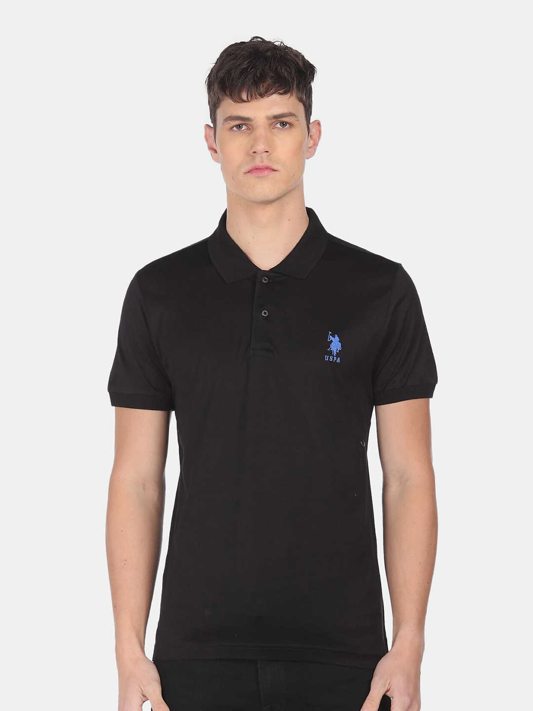 U S Polo Assn Men Black Pure Cotton Polo Collar Applique T-shirt