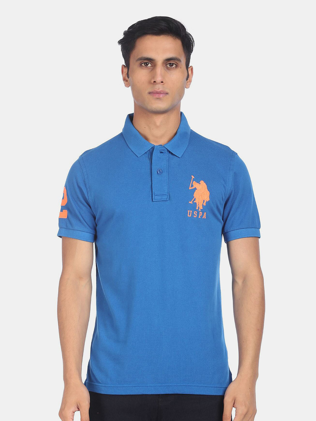 U.S. Polo Assn. Men Blue Printed Polo Collar Applique Cotton Winter T-shirt