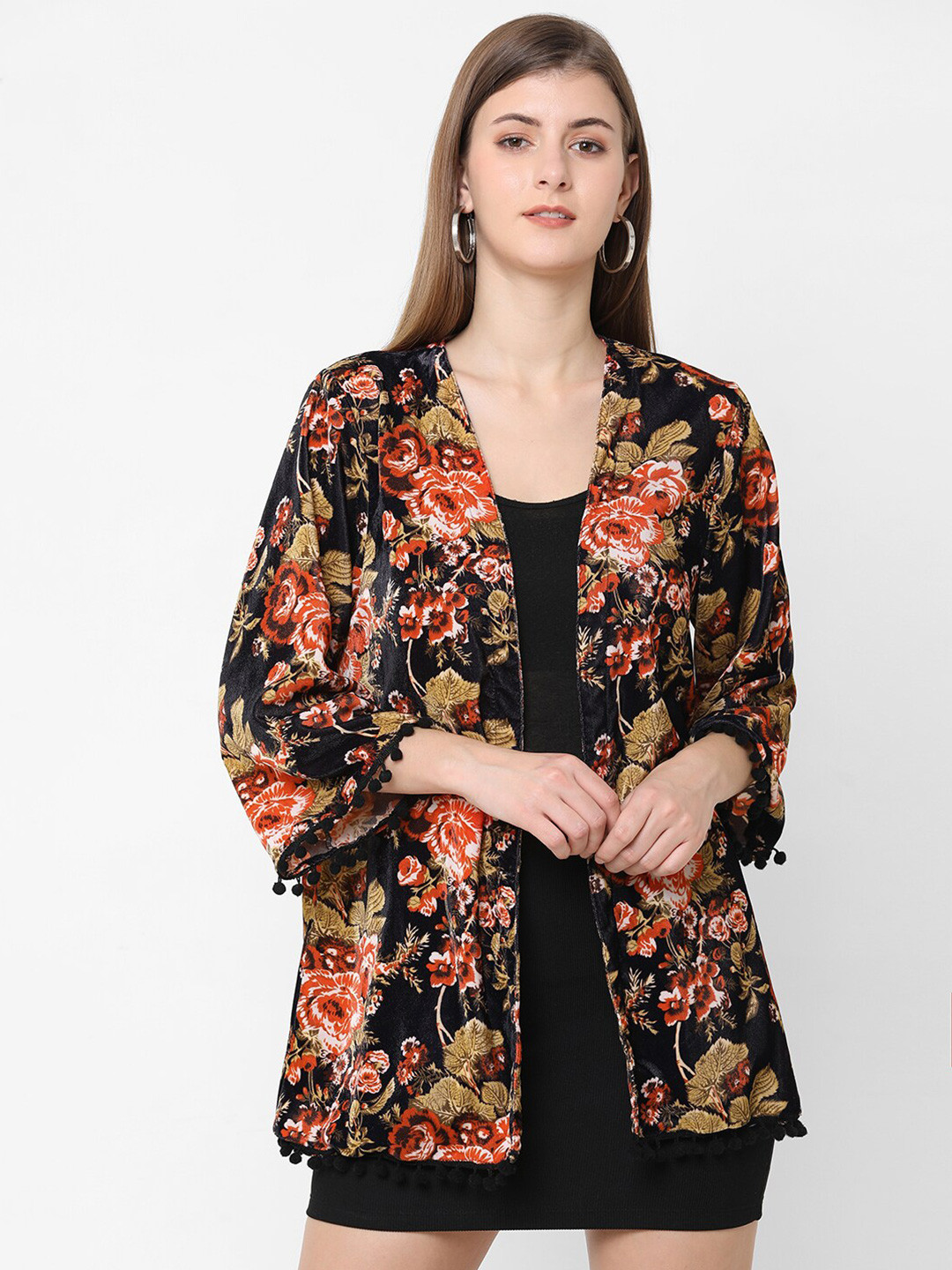 Cloth Haus India Women Black & Red Printed Velvet Shrug