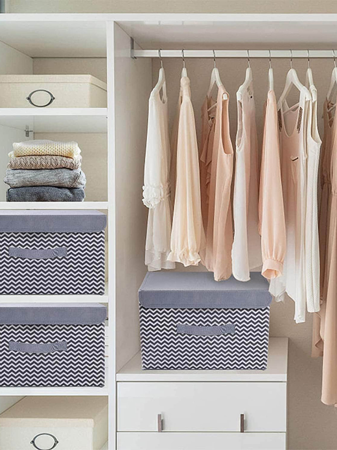 HOUSE OF QUIRK White & Purple Fabric Organizer Set with Lid-3 Pieces