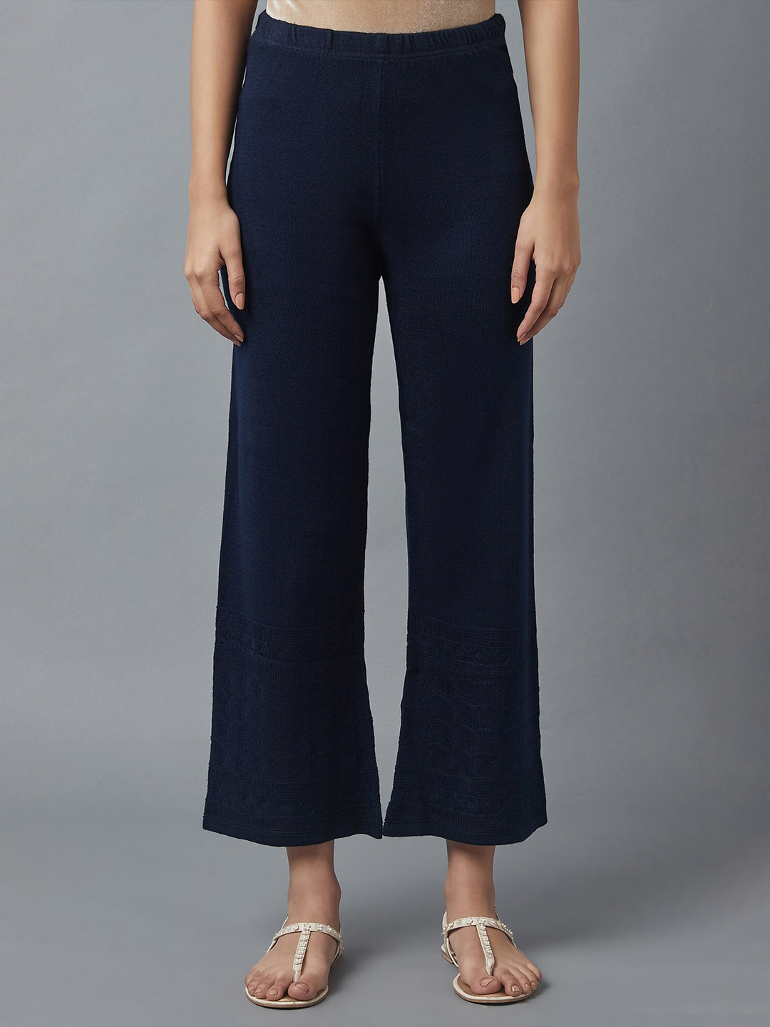 elleven Women Navy Blue Knitted Palazzos