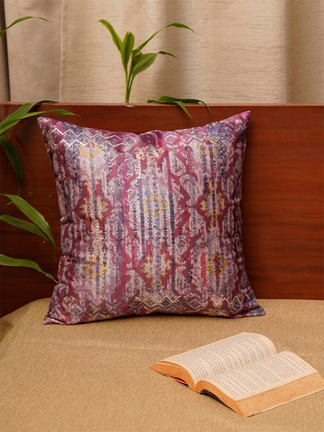 ZEBA Maroon Embellished Polyester Anti-Wrinkle Square Cushion Cover -16.1x16.1In