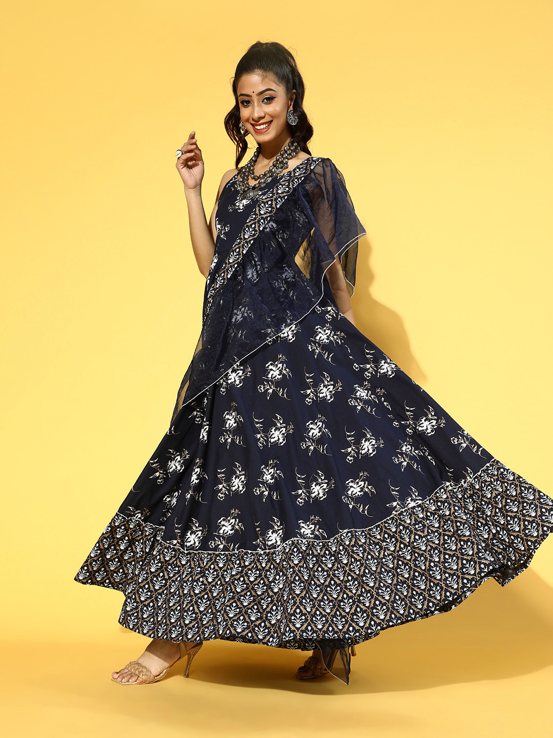 Yufta Women Deep Navy Blue Ethnic Motifs Draped Luxe Dress