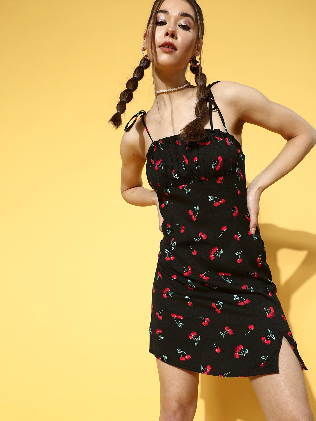 Berrylush Black & Red Tie-Up Neck A-Line Mini Dress