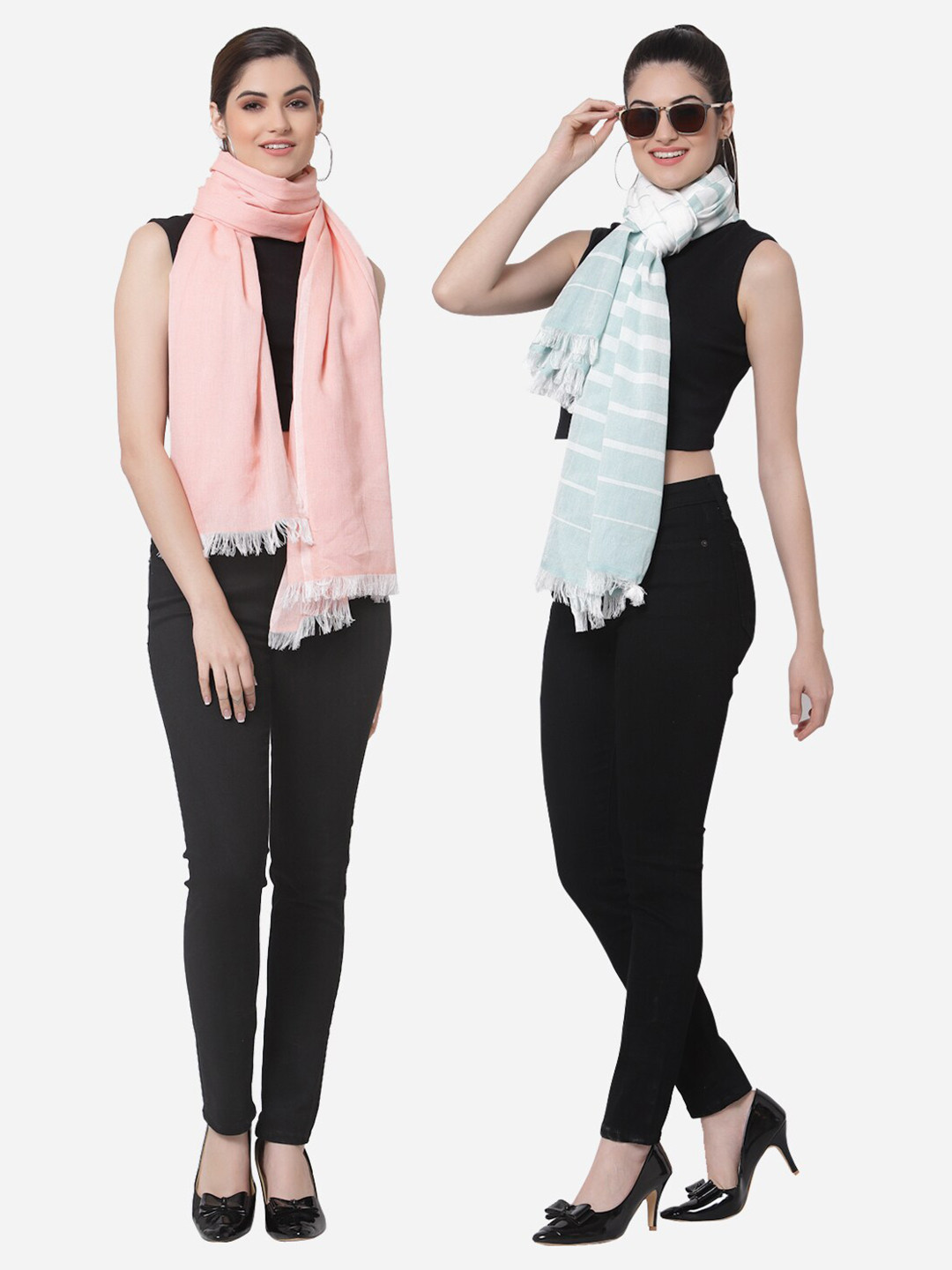 Arrabi Women Pack of 2 Peach-Coloured & Blue Cotton Stoles