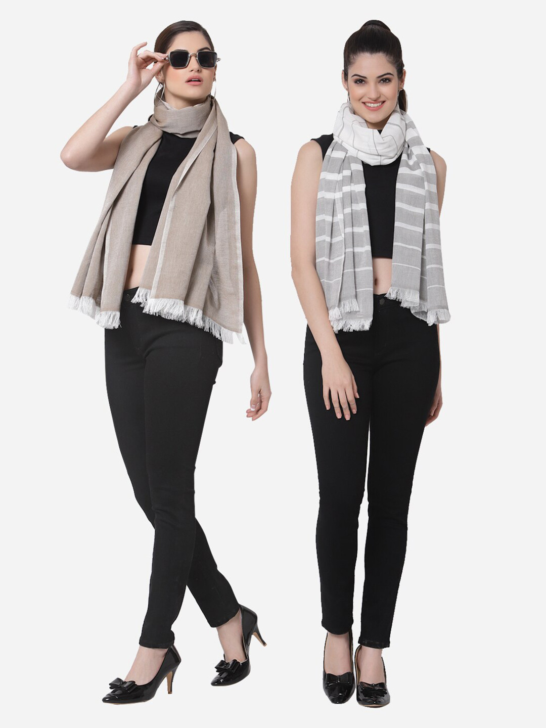 Arrabi Women Pack of 2 Grey & White Cotton Stole