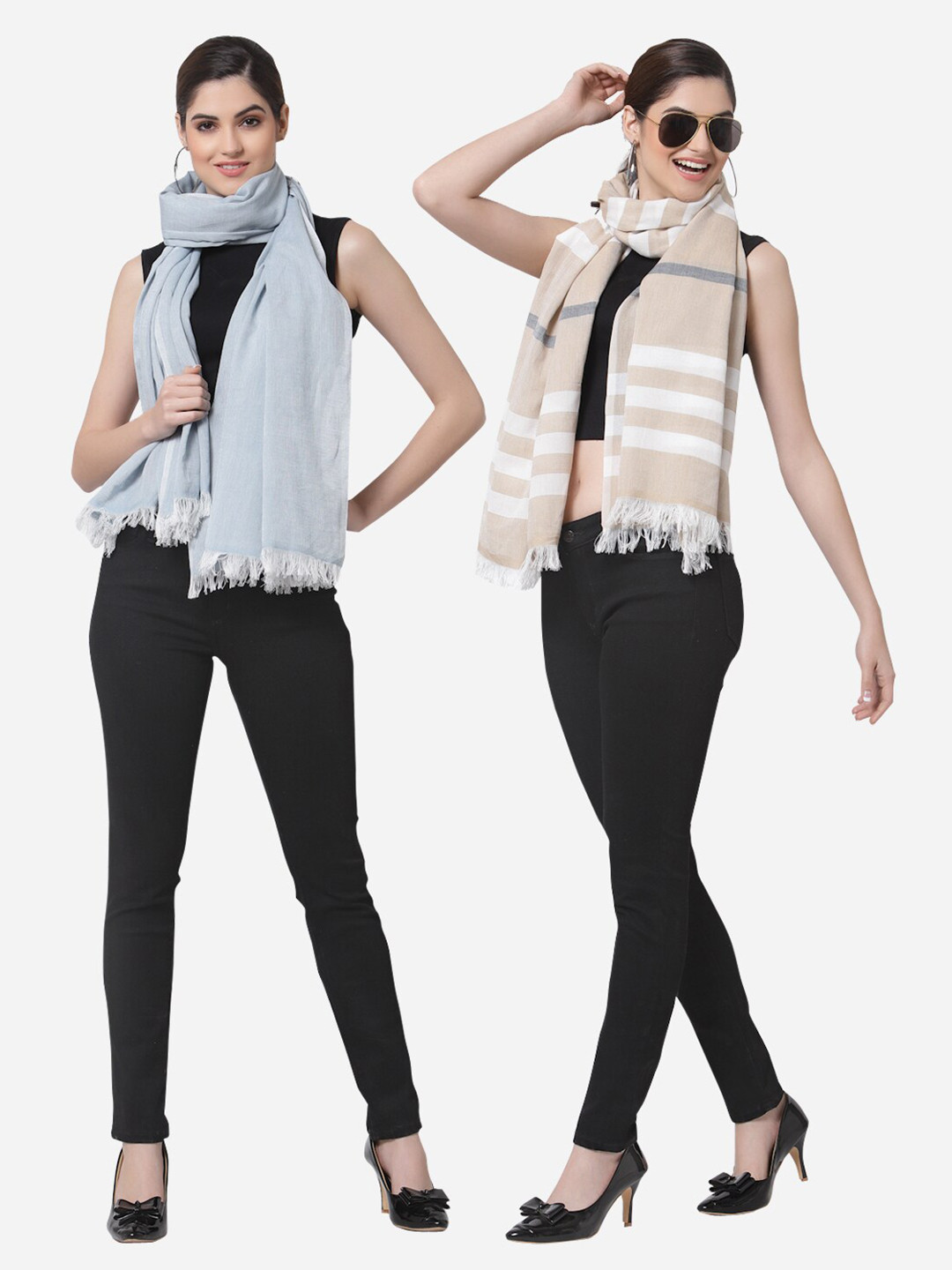 Arrabi Women Pack of 2 Blue & Beige Cotton Stoles