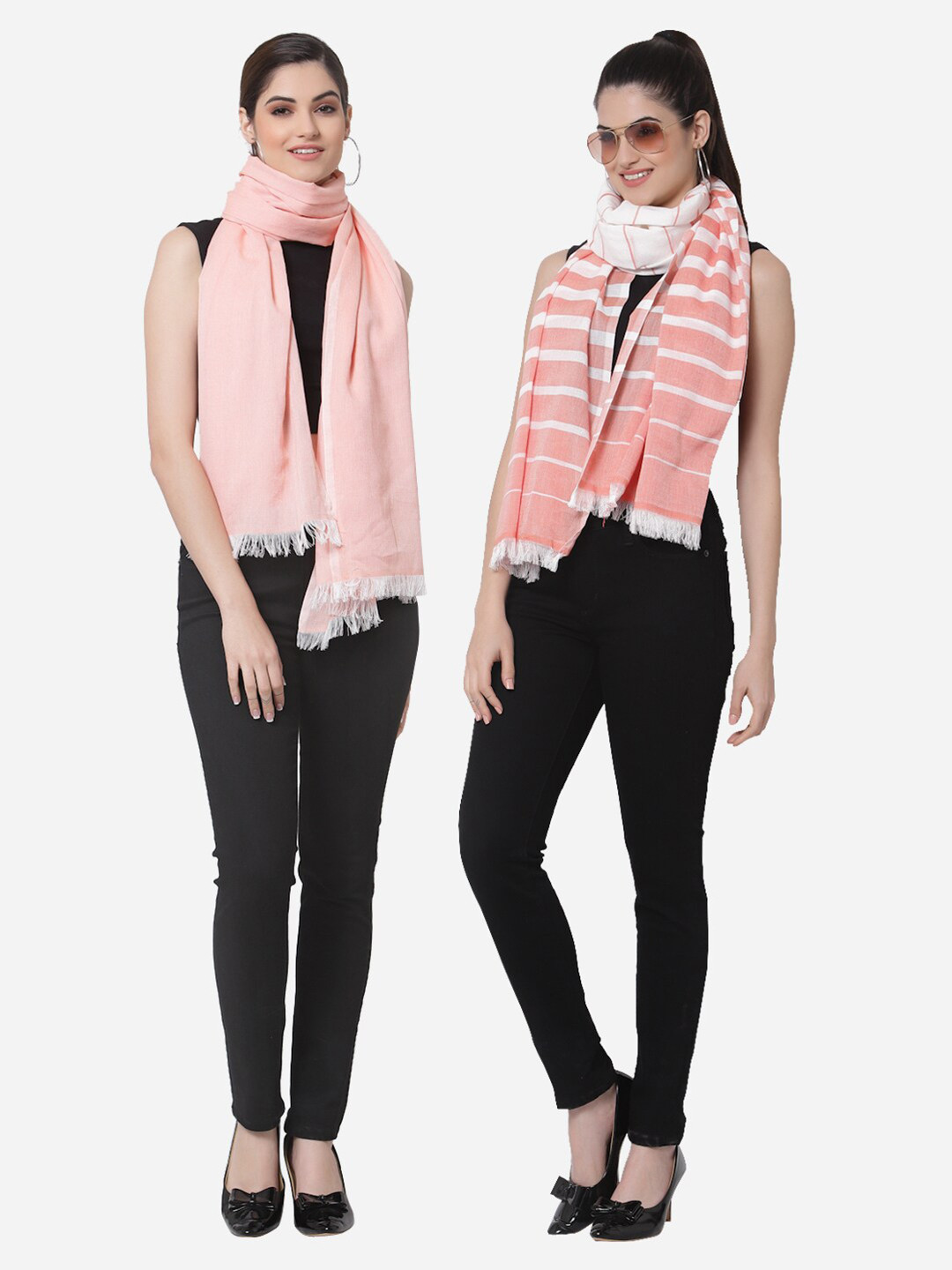 Arrabi Women Set Of 2 Pink Striped Cotton Stoles
