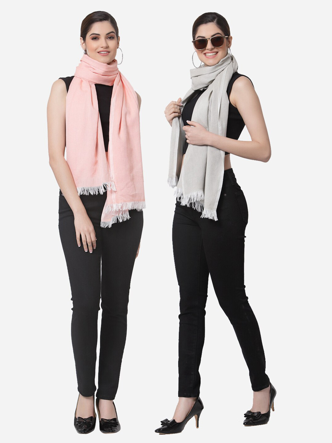 Arrabi Women Pack of 2 Pink & Grey Cotton Stoles