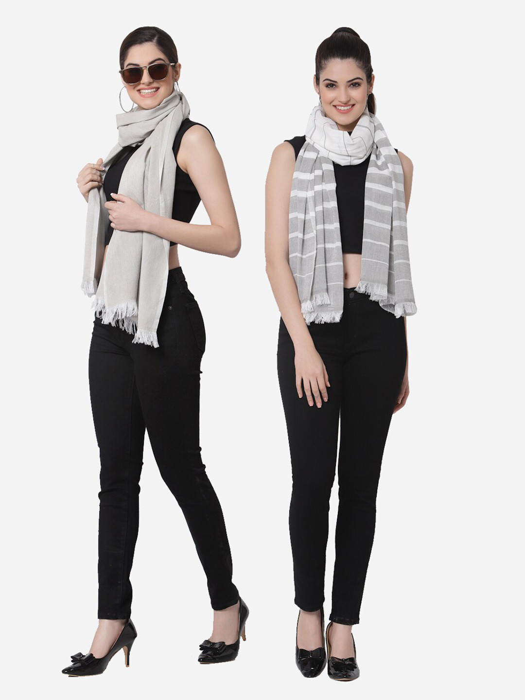 Arrabi Women Pack Of 2 Grey & White Cotton Stoles