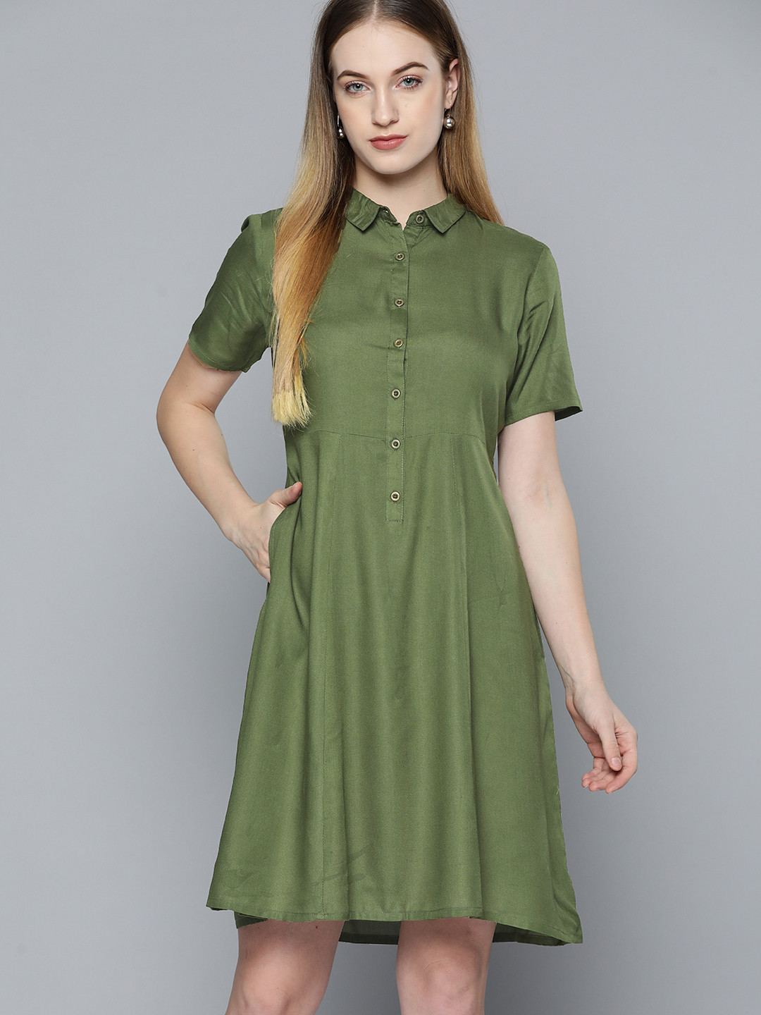 Chemistry Olive Green Solid Shirt Dress
