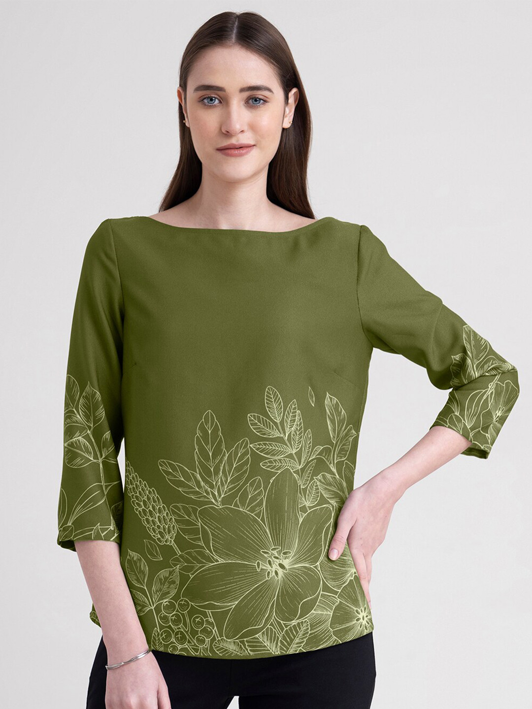 FableStreet Olive Green Floral Print Top