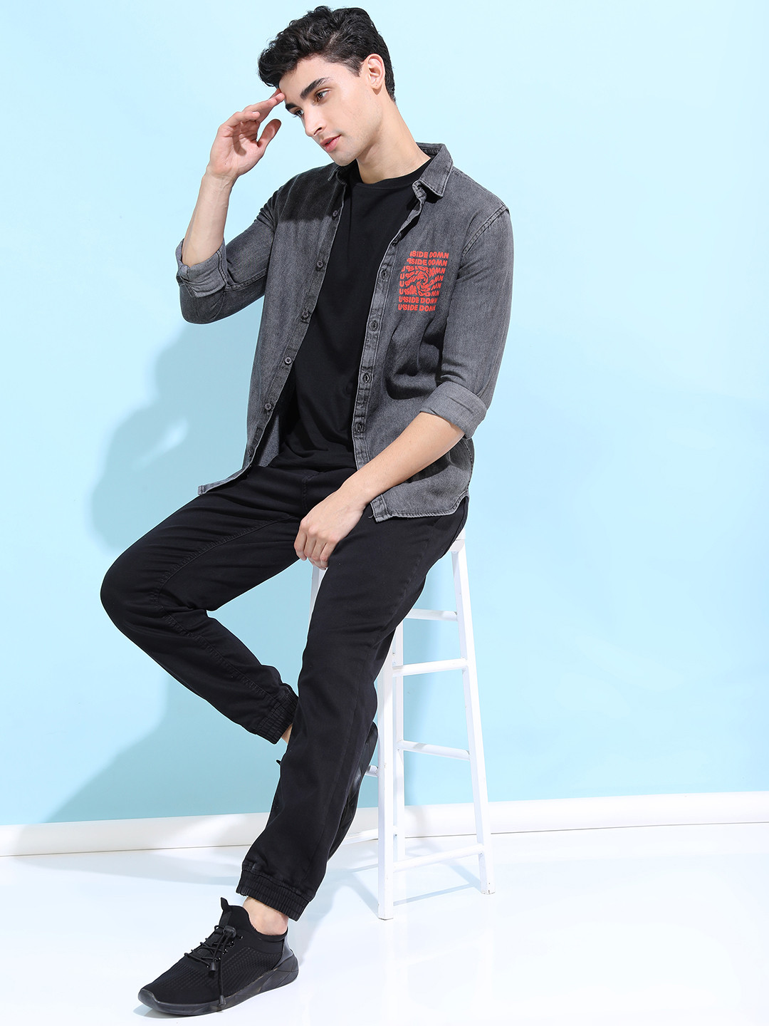 HIGHLANDER Men Grey Printed Slim Fit Faded Cotton Denim Casual Shirt