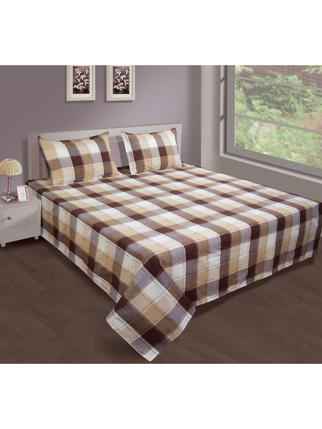 SHADES of LIFE Brown Checked Cotton Double Bed-Sheet