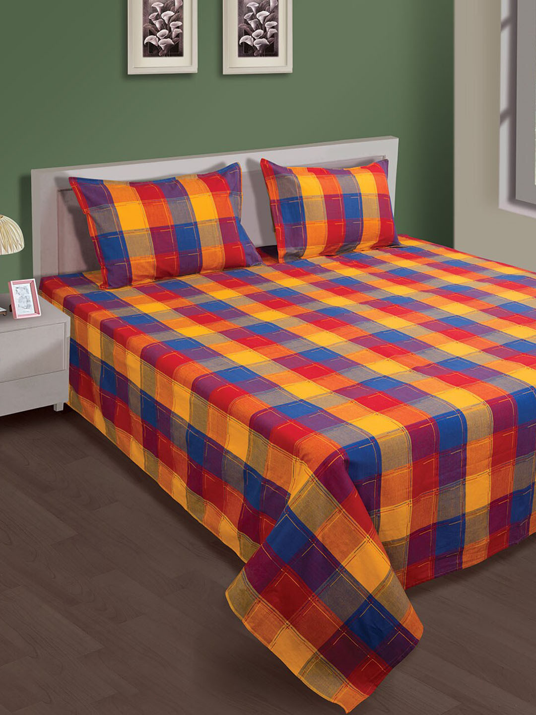 SHADES of LIFE Red & Blue Checked Cotton Double Bed Cover With 2 Pillow Covers