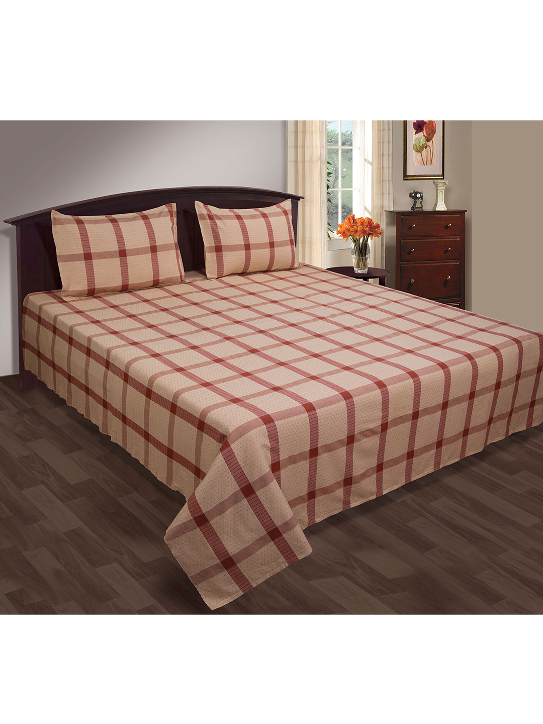 SHADES of LIFE Beige & Red Checked Double Queen Pure Cotton Handloom Bedcover With 2 Pillow Cover