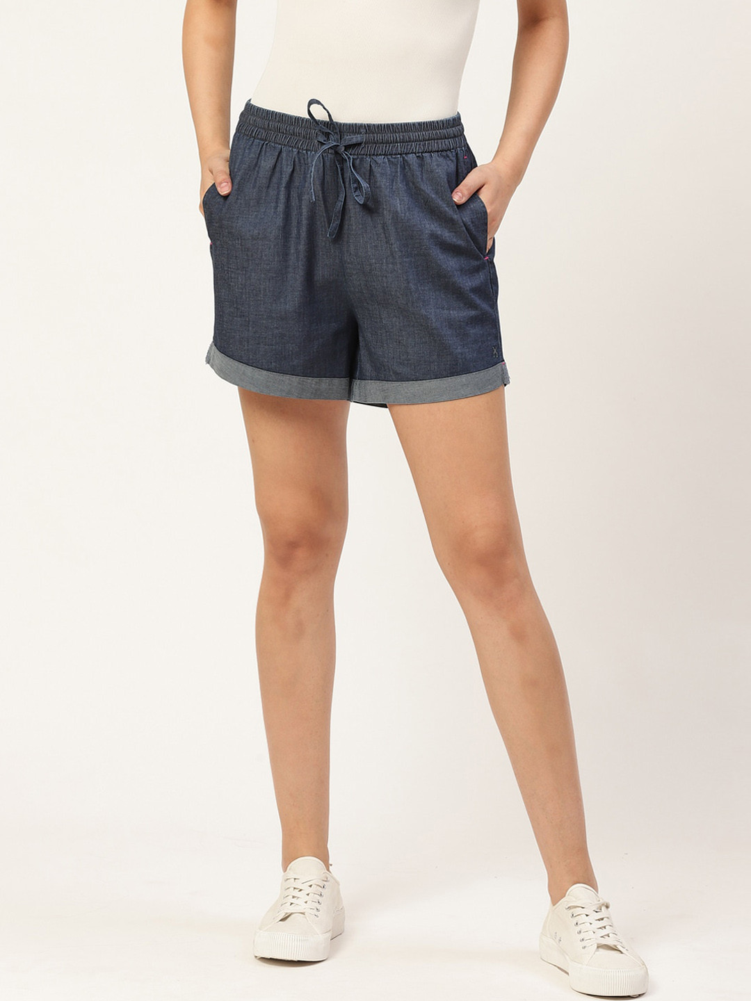 Xpose Women Navy Blue Slim Fit High-Rise Denim Shorts