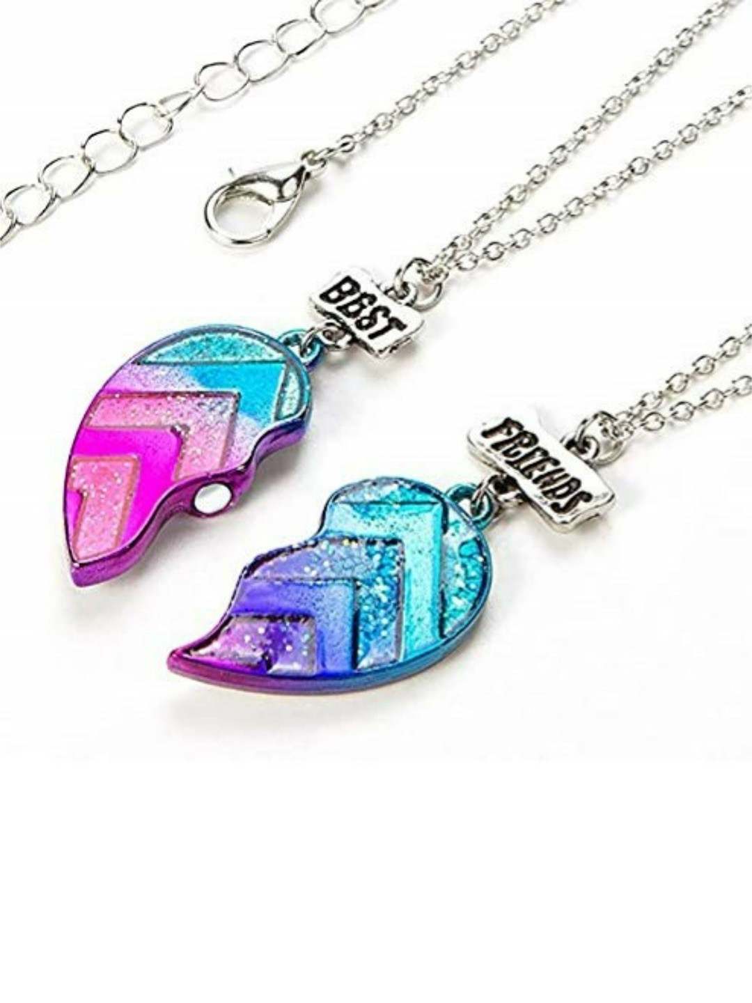 EL REGALO Unisex Set of 2 Purple & Blue Broken Heart Pendant Necklace