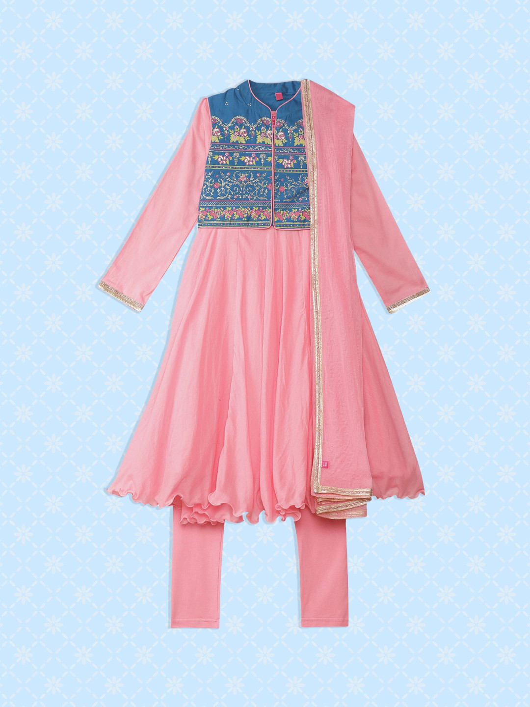 Biba Girls Pink Kurta with Churidar & With Dupatta
