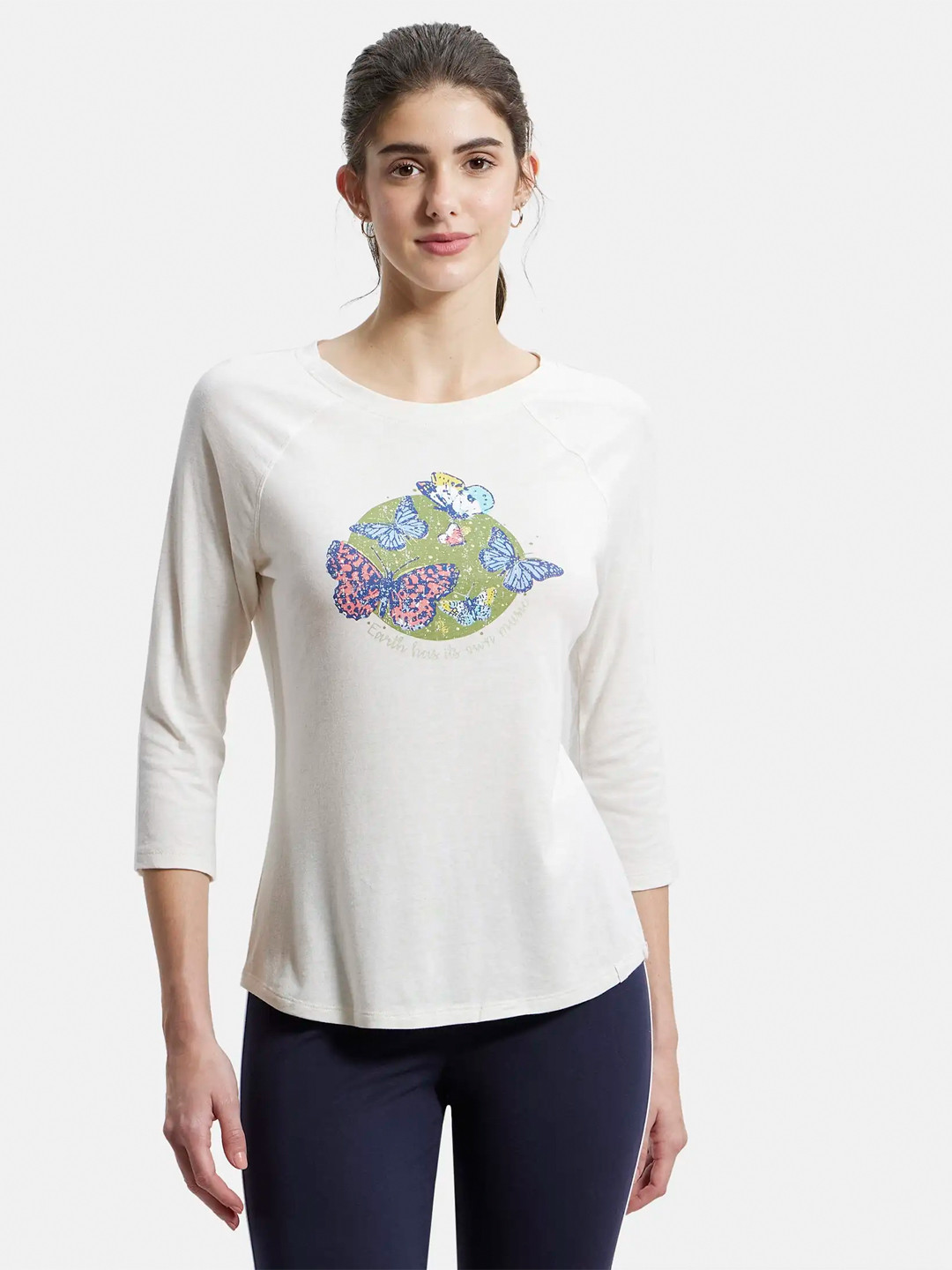 Jockey Micro Modal Cotton Relaxed Fit Printed Round Neck Three Quarter Sleeve Tshirt-AW46