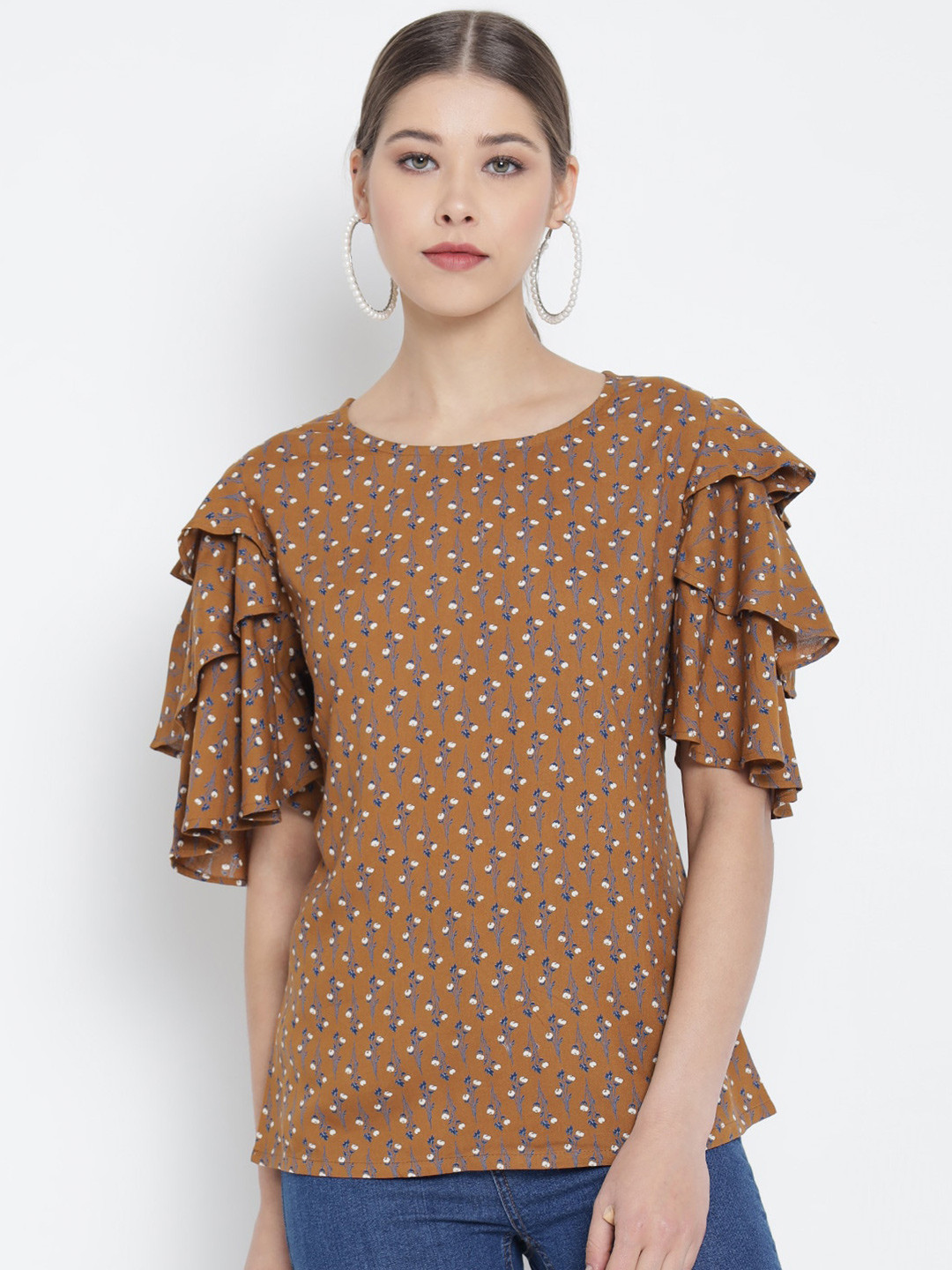 YASH GALLERY Brown Floral Printed Regular Top