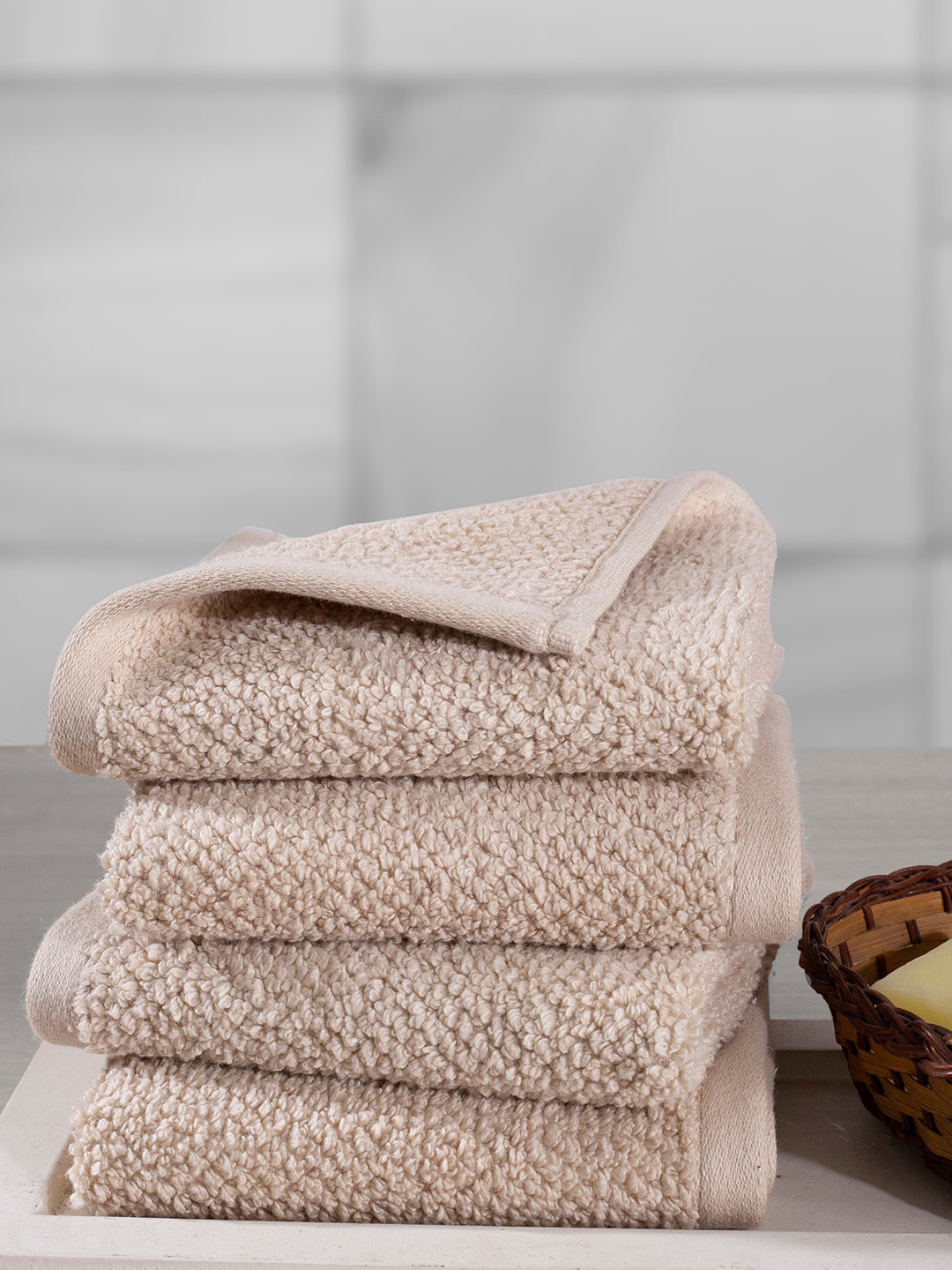 Maspar Pack  of 4 Beige 550 GSM Cotton Linen Face Towel Set