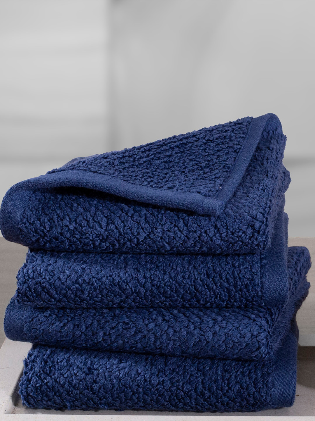 MASPAR Navy Blue Set Of 4 Solid 550 GSM Cotton Self Jacquard Bath Towels