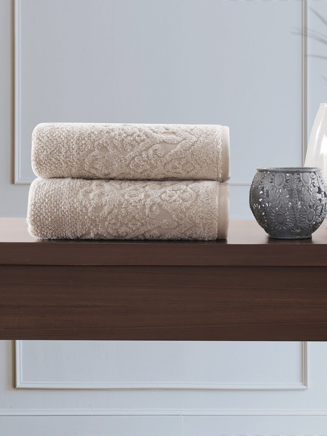 MASPAR Beige Pack of 2 Colorart Windsor 550 GSM Cotton Jacquard Hand Towel