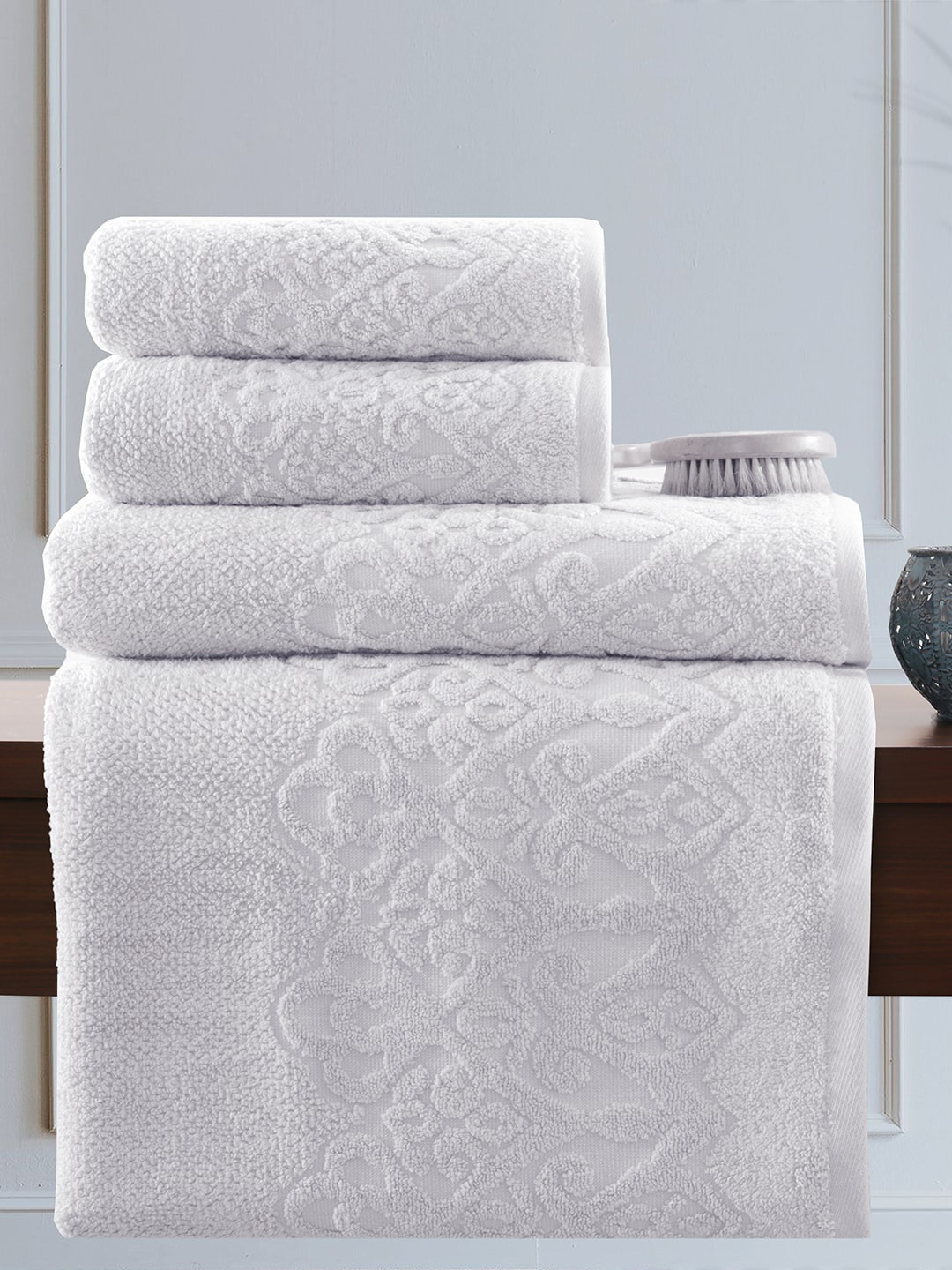 MASPAR Set of 4 White Self Design 550 GSM Pure Cotton Towel Set