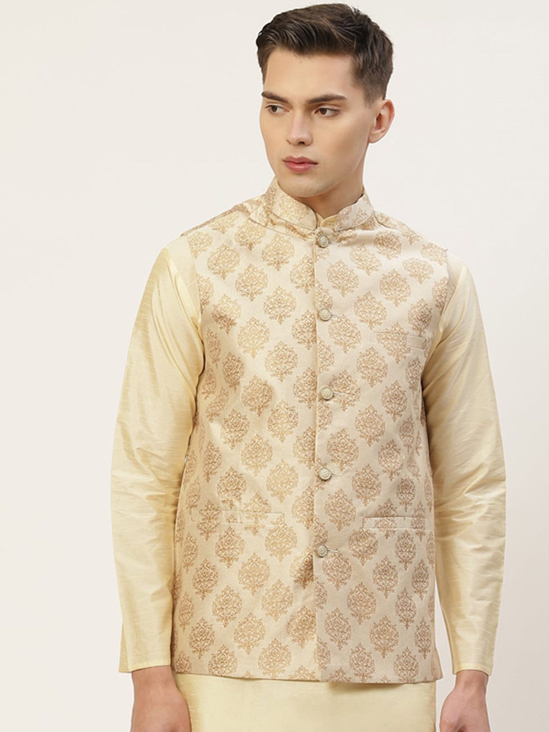Jompers Cream Ethnic Motifs Printed Regular Fit Silk Blend Nehru Jacket