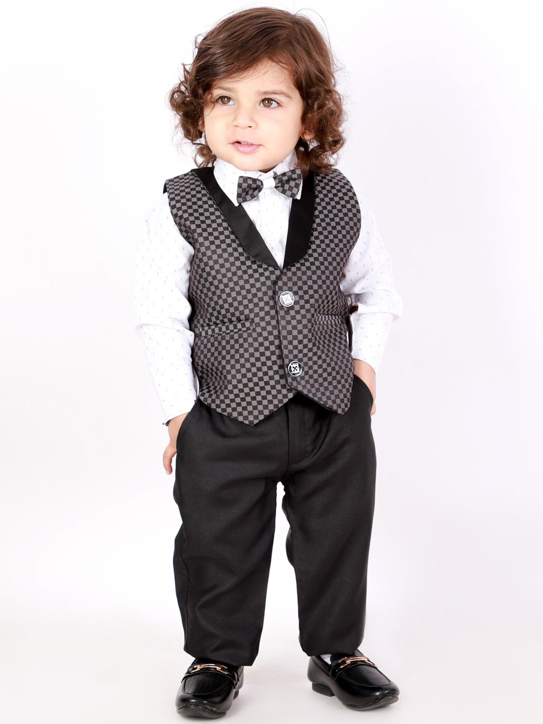 KID1 Boys Black & Grey Checked Party Wear suit with bow-tie