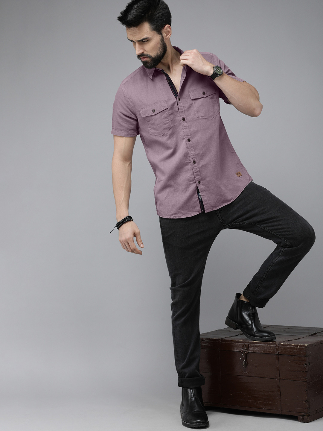Roadster Men Mauve Cotton Linen Casual Shirt