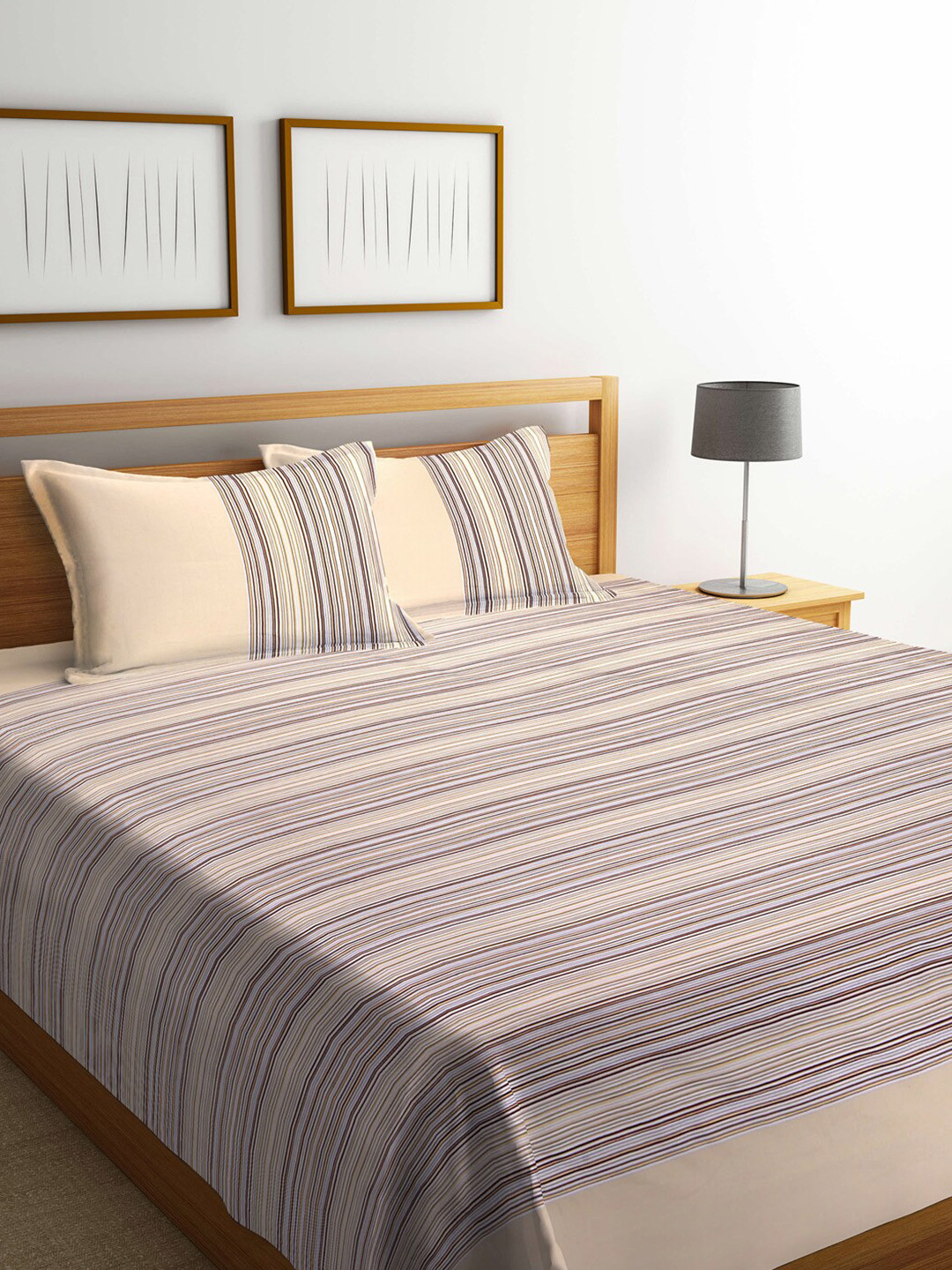SHADES of LIFE Beige Striped Cotton 250 TC Fitted King Fine Bedsheet with 2 Pillow Covers-270 x 270 cm