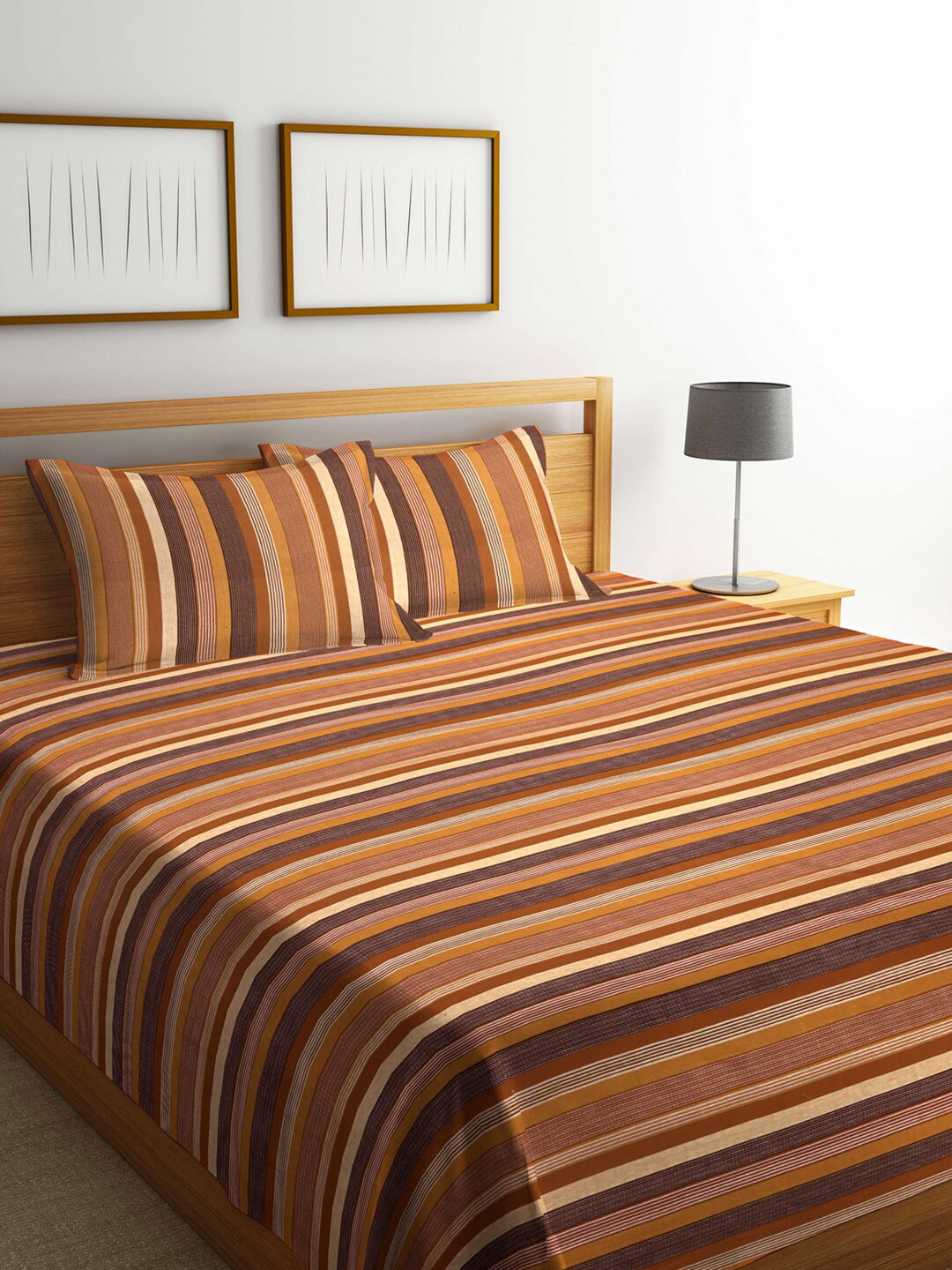 SHADES of LIFE Premium Collection Brown Striped Cotton 250 TC Fitted King Fine Bedsheet with 2 Pillow Covers-108 x 108 inches