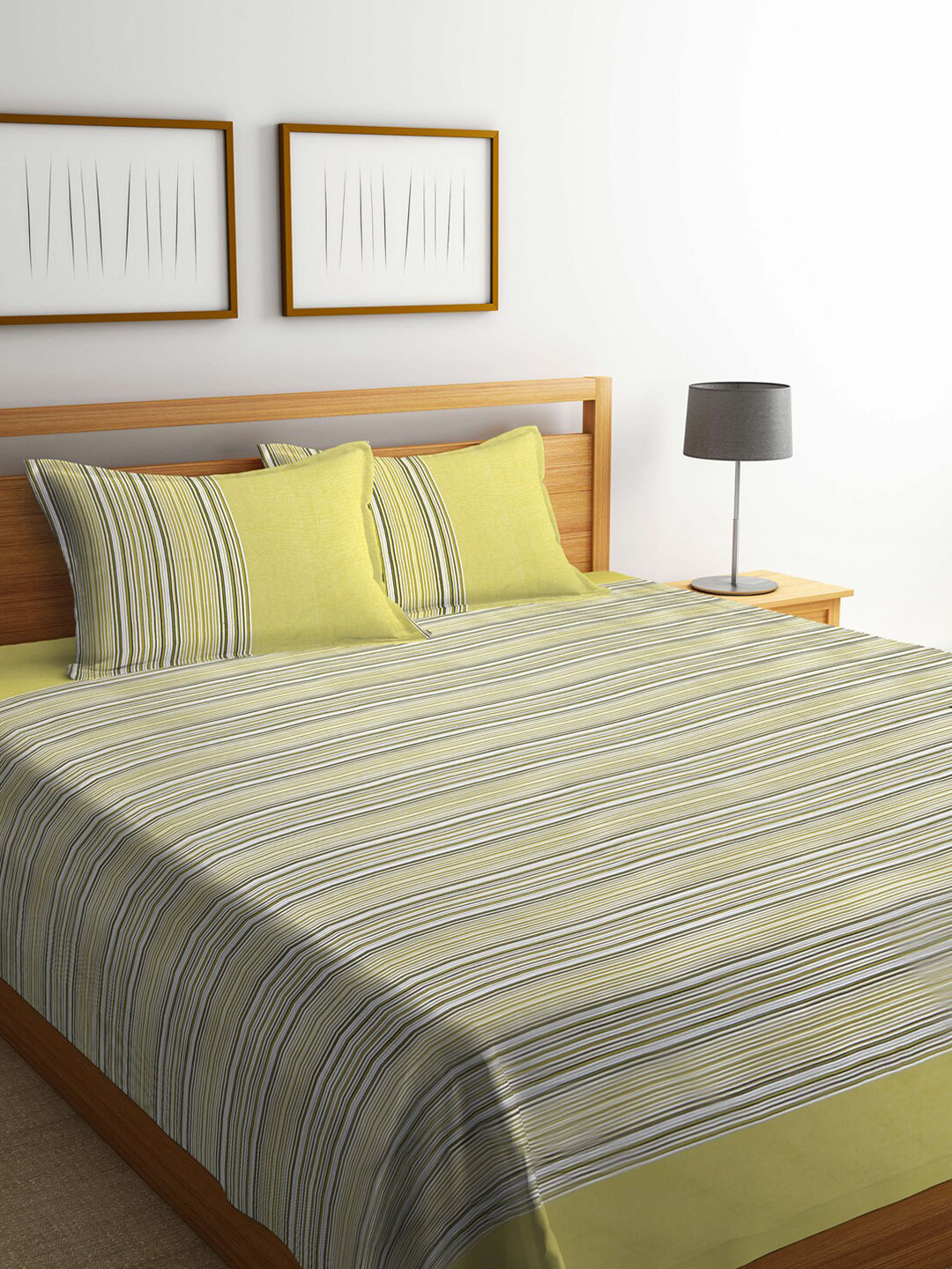 SHADES of LIFE Amaze Green Striped Cotton 250 TC King Fine Bedsheet with 2 Pillow Covers-108 x 108 inches